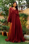 Shop_OMANA BY RANJANA BOTHRA_Maroon Satin Sequin V Neck Brick Flared Gown _at_Aza_Fashions