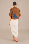 Shop_AMPM_Brown Linen Embroidery Leaf Inner Top Straigt Neck Motif Jacket And Skirt Set _at_Aza_Fashions