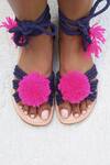 Shop_Sandalwali_Pink Leather Colorblock Pom Pom Tie Up Sandals_at_Aza_Fashions