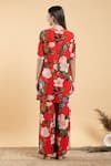 Shop_Divi By Sonal Khandelwal_Red Georgette, Bamboo, Viscose V-neck Floral Print Flared Kurta And Palazzo Set _at_Aza_Fashions