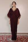 Shop_Shrutkirti_Purple Silk Velvet Embroidery Pipe V Neck Kaftan _at_Aza_Fashions