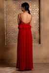 Shop_OMANA BY RANJANA BOTHRA_Red Crinkled Chiffon Hand Embroidered Cutdana And Bead Work Yoke Jumpsuit _at_Aza_Fashions