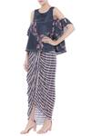 Soup By Sougat Paul_Blue Crepe Floral, Striped Round Neck Printed Draped Skirt Set _Online_at_Aza_Fashions