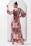 Mandira Wirk_Ivory Chiffon Printed Abstract Floral Plunge Garden Slit Gown _Online_at_Aza_Fashions