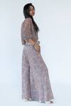Shop_Nikita Vishakha_Grey Silk, Georgette Persian V Neck Print Sheer Top And Palazzo Set_at_Aza_Fashions