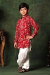 Shop_LittleCheer_Red Kurta  Viscose Cotton Printed Floral And Salwar Set _at_Aza_Fashions