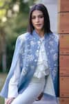 Shop_Taroob_Blue Wool/cashmere Embroidery Floral Chinese Collar Vines Hand Cape _at_Aza_Fashions