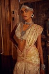 Shop_Etasha by Asha Jain_Gold Lehenga And Dupatta Metallic Tissue Textured V Drape Saree Set _at_Aza_Fashions