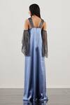 Shop_Akhl_Blue Textured Satin (90% Polyester 10% Elastane) + Pleated Strap Kaftan Dress _at_Aza_Fashions