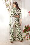 Shop_Reynu Taandon_Green Crepe Digital Prints Leaf Pattern Round Kaftan And Bell Bottom Pant Set_at_Aza_Fashions