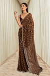 Shop_Sawan Gandhi_Brown Georgette Embellished Mukaish Plunge V Mirror Work Saree Set  _at_Aza_Fashions