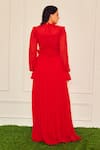 Shop Therealb Red Viscose Fabric Flowers High Neck Poetry Of Love Chiffon Maxi Slit Dress at Aza Fashions Shop_Therealb_Red Viscose Fabric Flowers High Neck Poetry Of Love Chiffon Maxi Slit Dress _at_Aza_Fashions