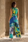 Shop_Pooja-Keyur_Blue Cotton Satin Print Paradise V Neck Abstract Jumpsuit  _at_Aza_Fashions