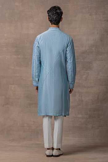 Shop_Sarab Khanijou_Blue Chanderi Silk Embroidery Mirror Kurta Set _at_Aza_Fashions