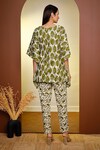 Shop_Pheeta_Green Cotton Printed Leaf V Neck Kaftan And Pant Set _at_Aza_Fashions