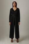 Shop Escape By Aishwarya Black Cotton Satin Embroidery V-neck Stitchline Jumpsuit at Aza Fashions Shop_Escape By Aishwarya_Black Cotton Satin Embroidery V-neck Stitchline Jumpsuit _at_Aza_Fashions