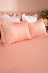 Shop_La Paloma_Peach 100% Tencel Embroidered Floral Placement Bedsheet Set_at_Aza_Fashions