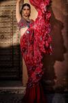Shop_Awigna_Fuchsia Blouse Net, Saree Crepe Floral, Gulmarg Ruffle Pre-draped With_at_Aza_Fashions