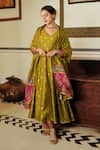 Shop_Safaa_Green Vegan Silk Lining Shantoon Woven Floral Leaf The Rabeea Anarkali Set _at_Aza_Fashions