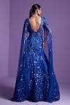 Shop_PARUL GANDHI_Blue Mesh With Silk Underlining Embroidered Crystal Moonlight Cape Sleeve Gown _at_Aza_Fashions