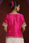Shop_Weaver Story_Pink Satin, Silk Embroidery Plunge Neck Mughal Border Jacket Top _at_Aza_Fashions