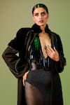 Shop_Sameer Madan_Black Faux Leather, Fleece Glitter Merga Bien Shawl Collar Coat _at_Aza_Fashions