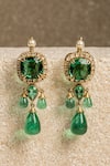 Shop_Tarun Tahiliani_Green Zircon, Swarovski Pearls, Glass Princess Drop Earrings_at_Aza_Fashions