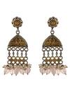 Shop_Neeta Boochra_Multi Color Pearls Peacock Carved Dangler Earrings _at_Aza_Fashions