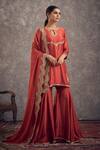 Shop_Hirika & Dhruti_Red Silk, Cotton Embroidery Keyhole Neck Floral Hand Kurta Gharara Set _at_Aza_Fashions