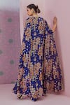 Shop_Krisha sunny Ramani_Blue Cape Georgette Printed Sequin Cape Open Jhumka Slit Dhoti Skirt Set _at_Aza_Fashions