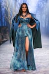 Shop_Nirmooha_Blue Lurex Printed Abstract Sweetheart Neck Draped Gown _at_Aza_Fashions