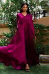 Shop_OMANA BY RANJANA BOTHRA_Purple Satin Sequin V Neck Mulburry Flared Gown _at_Aza_Fashions