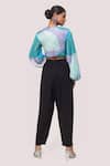 Shop_Onaya_Black Georgette Pearls Plunge Neck, Printed Pattern Tie Top And Pant Set _at_Aza_Fashions