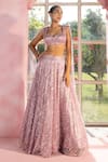 Shop_SAANJH BY LEA_Purple Mesh Hand Embroidered Sequin Work Plunge Nohreen Lehenga And Blouse Set _at_Aza_Fashions