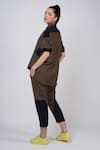 Shop_Krati Jain_Brown Cotton Blend Plain High Neck Asymmetric Shirt And Pant Set _at_Aza_Fashions