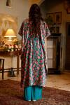 Shop_Harsha Khatry_Blue Velvet, Cotton Satin Tassels V-neck Floral Bloom Print Kaftan With Palazzo_at_Aza_Fashions
