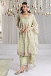 Shop_Mulmul_Green 100% Pure Mulmul Embroidery Thread Iktara Zari Anarkali Set _at_Aza_Fashions