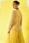 Shop_Ridhi Mehra_Yellow Peplum Net Embroidery Bead Deep V Neck Aafeh Top Sharara Set  _at_Aza_Fashions