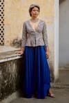 Mrunalini Rao Blue Silk Embroidery V-, Plunge Peplum Jacket Pant Set Online at Aza Fashions Mrunalini Rao_Blue Silk Embroidery V-, Plunge Peplum Jacket Pant Set _Online_at_Aza_Fashions