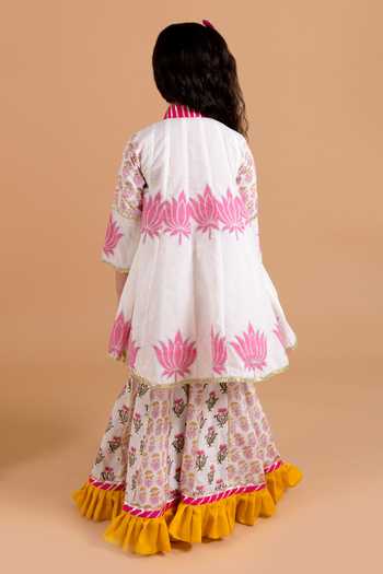 Shop_Chotibuti_Off White Cotton Embroidery, Ruffles Lotus Print Anarkali And Sharara Set _at_Aza_Fashions