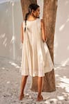 Shop_Kharakapas_Cream Mul Cotton Embroidered Stitches V Neck Pleated Mist Dress  _at_Aza_Fashions