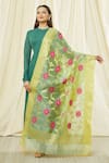 Shop_Naintara Bajaj_Green Cotton Embroidery Floral Pattern Fringe Hem Dupatta _at_Aza_Fashions