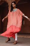 Shop_Avacara_Red Silk, Cotton, Lycra Sequins Round Neck Striped Flared Kaftan With Pant _at_Aza_Fashions