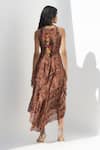 Shop_Nadima Saqib_Brown Georgette Print Paisley V Neck And Mandla Asymmetric Hem Dress _at_Aza_Fashions