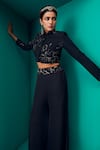 Shop_Rishi And Soujit_Blue Georgette Embroidery Cutdana Bead Jacket And Flared Pant Set  _at_Aza_Fashions