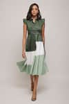 Shop_Escape By Aishwarya_Green Cotton Satin Collared Neck Pleated Sleeves Midi Dress _at_Aza_Fashions