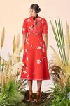 Shop_Shahin Mannan_Red Double Crepe Branch Pattern Round Tiny Corset Midi Dress_at_Aza_Fashions