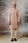 Shop_Philocaly_Ivory 100% Silk Embroidery Thread Temple Sherwani Set _at_Aza_Fashions