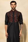 Shop_Diyarajvvir_Black , Satin Embroidery Arrow Acrylic Kurta Set _at_Aza_Fashions