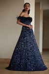 Shop_Nadine Dhody_Blue Tulle Embellished Sequin Straight Sandra Off Shoulder Gown  _at_Aza_Fashions